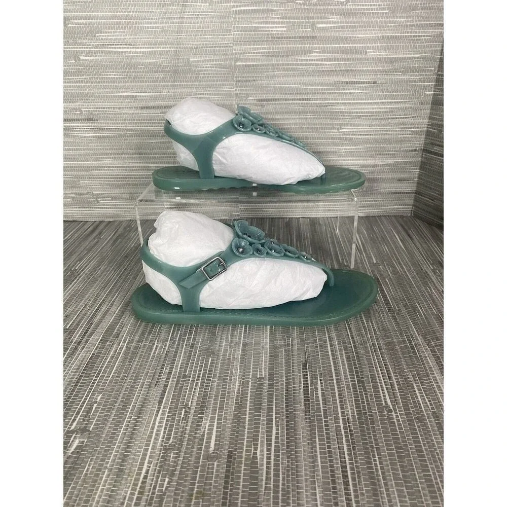 Coach Womens‎ Trmulti Jelly T-Strap Sandals Green Buckle Flat Heel 5 B New